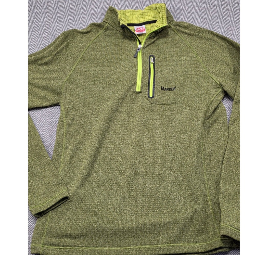 Marker Mens XL 1/4 Zip‎ Fleece Pullover Olive Green Lime Grid Tech Ski Mid Layer